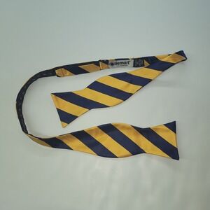 Tiemart Mens Bow Tie Gold and Navy Blue Striped Adjustable Handmade Cotton